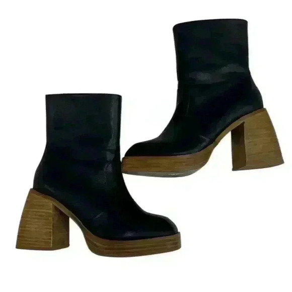 böhme Platform Black Leather Ankle Bootie Chunky 3” Heel Inner Ankle Zip Up 6.5 - Picture 10 of 11